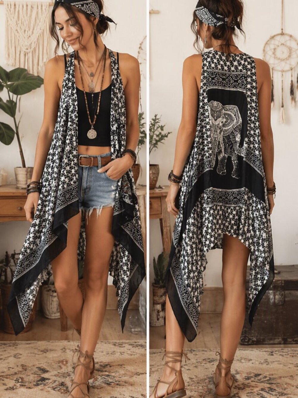 490 Boho Elephant Waterfall Vest Kimono Duster,  Festival Cottagecore